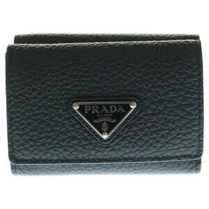 Prada Vitello Dino Leather Compact Wallet Triangle Logo Plate Black